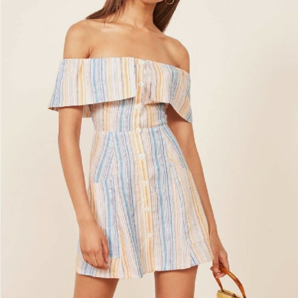 Reformation Landy Maribella Striped Off Shoulder Linen A-line Mini Dress SZ 0